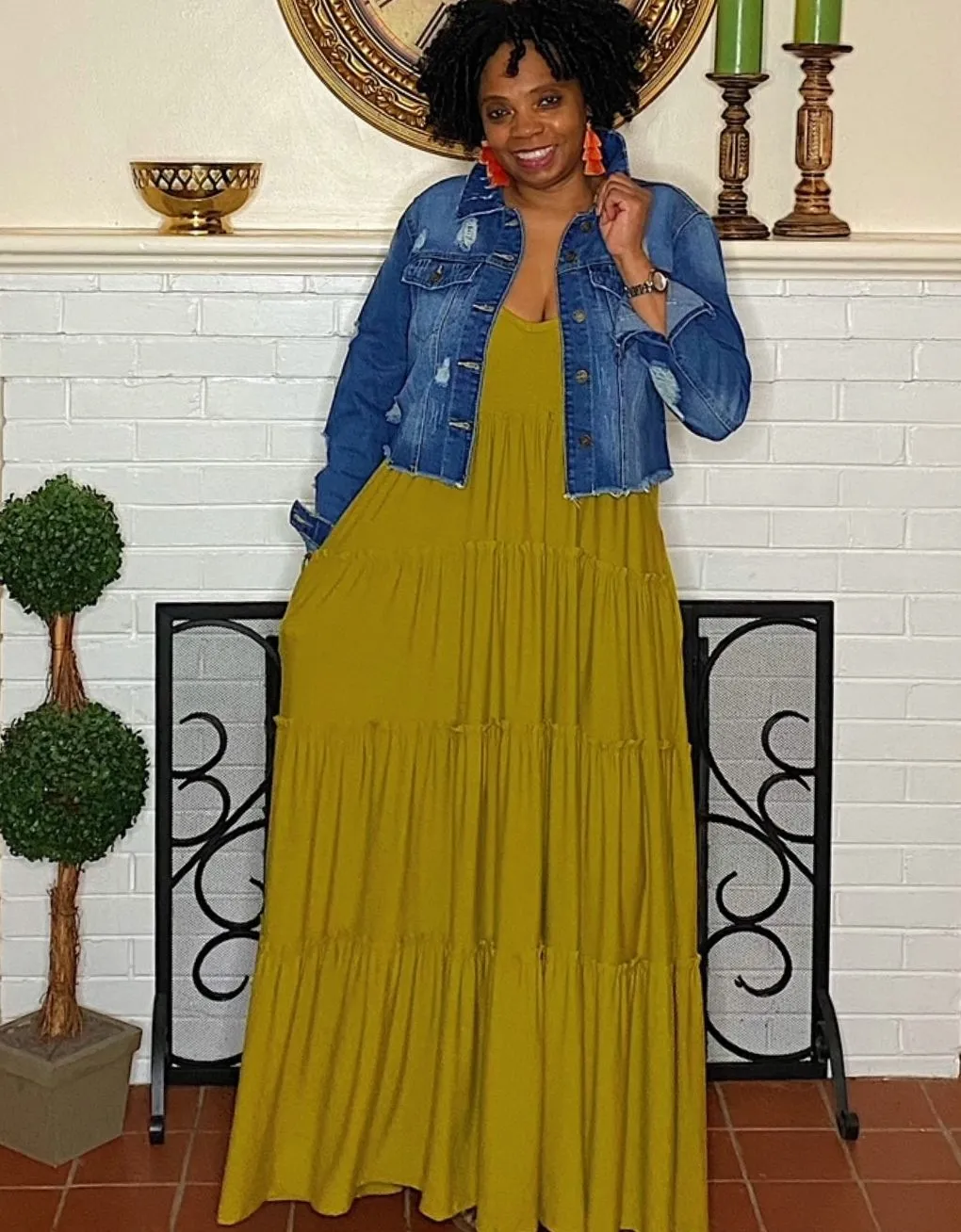 ‘Gianna’ Tiered Maxi Olive Mustard