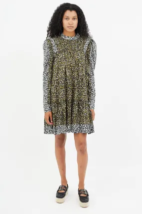 Green & Multicolour Print Pleated Dress