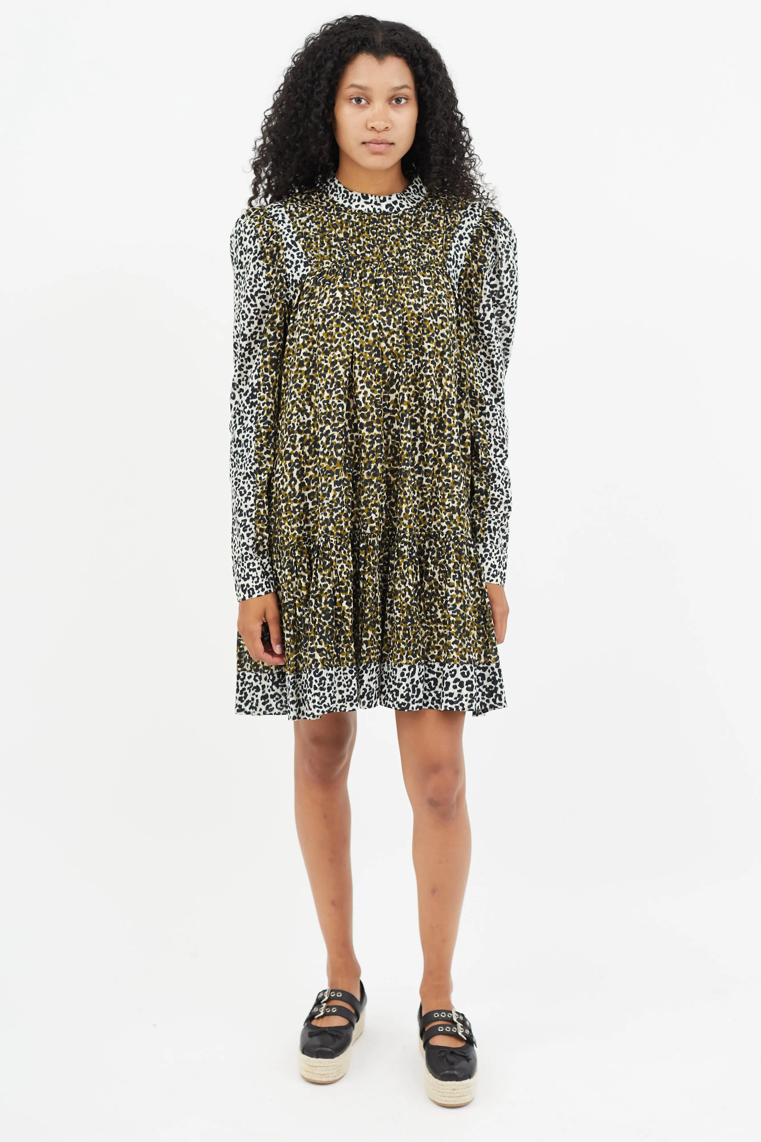 Green & Multicolour Print Pleated Dress