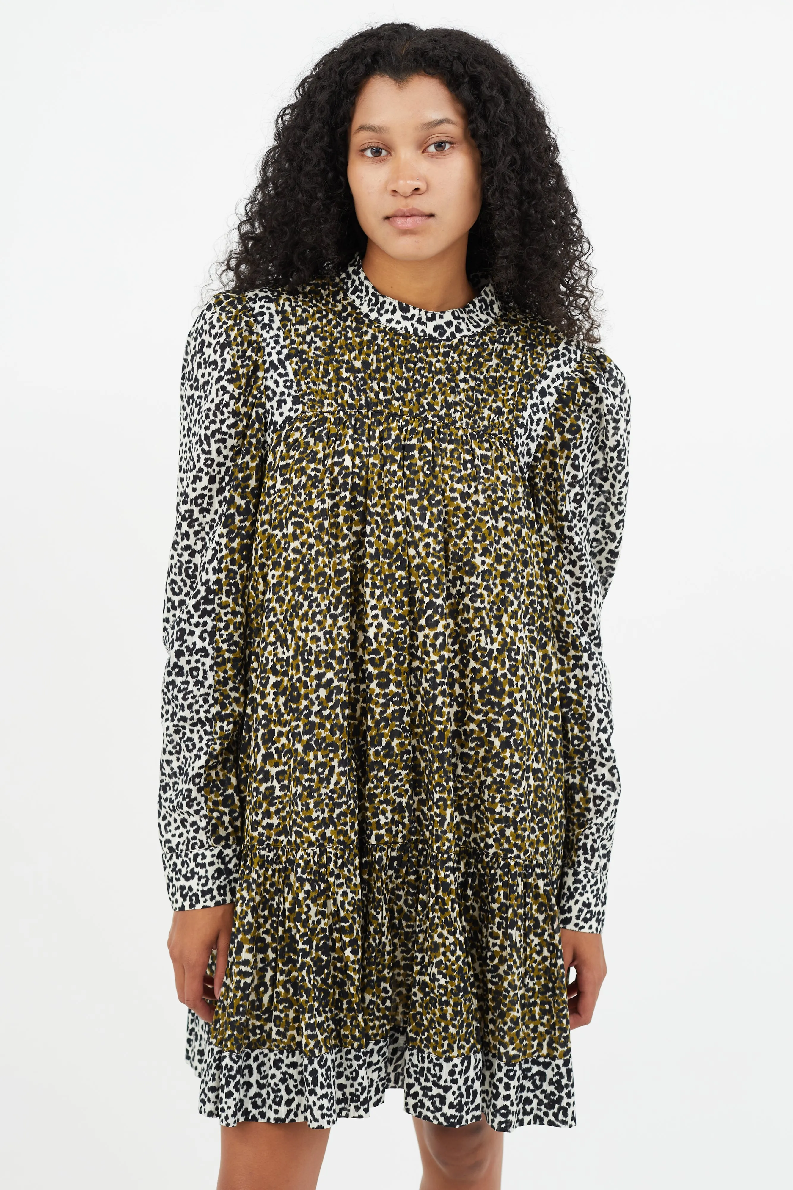 Green & Multicolour Print Pleated Dress