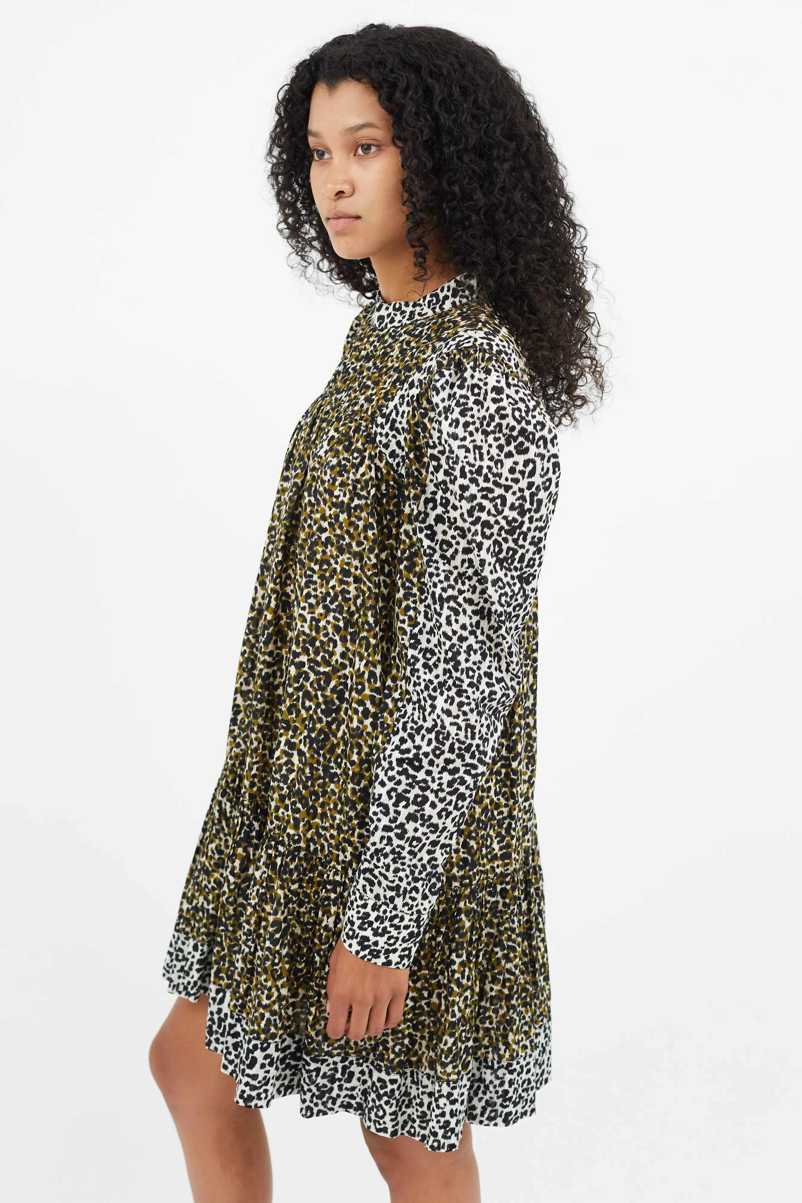 Green & Multicolour Print Pleated Dress