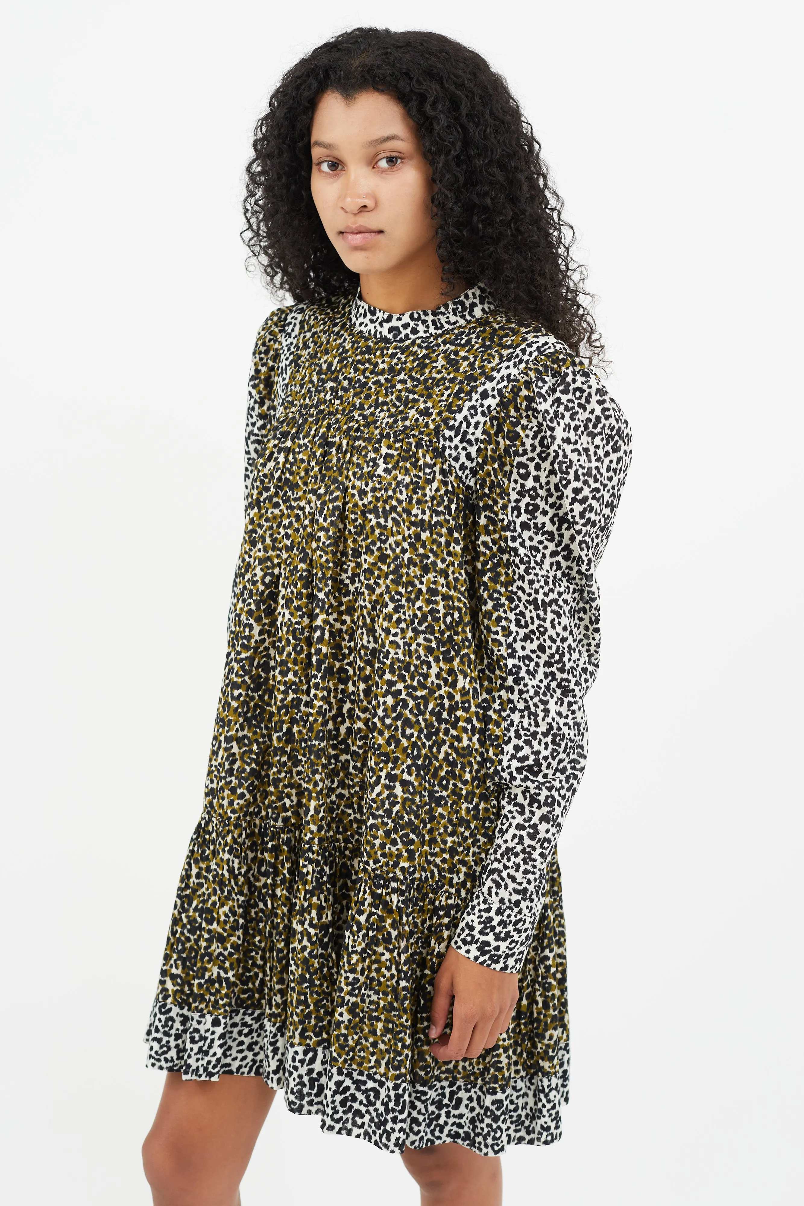 Green & Multicolour Print Pleated Dress