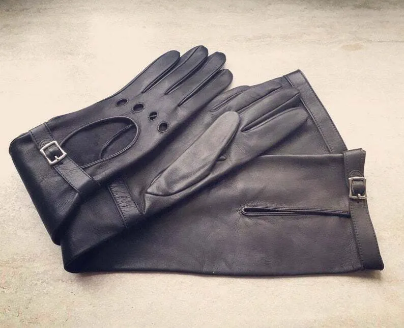 Handmade Women's Italian Napa Leather Lambskin Black Evening Unlined Gloves