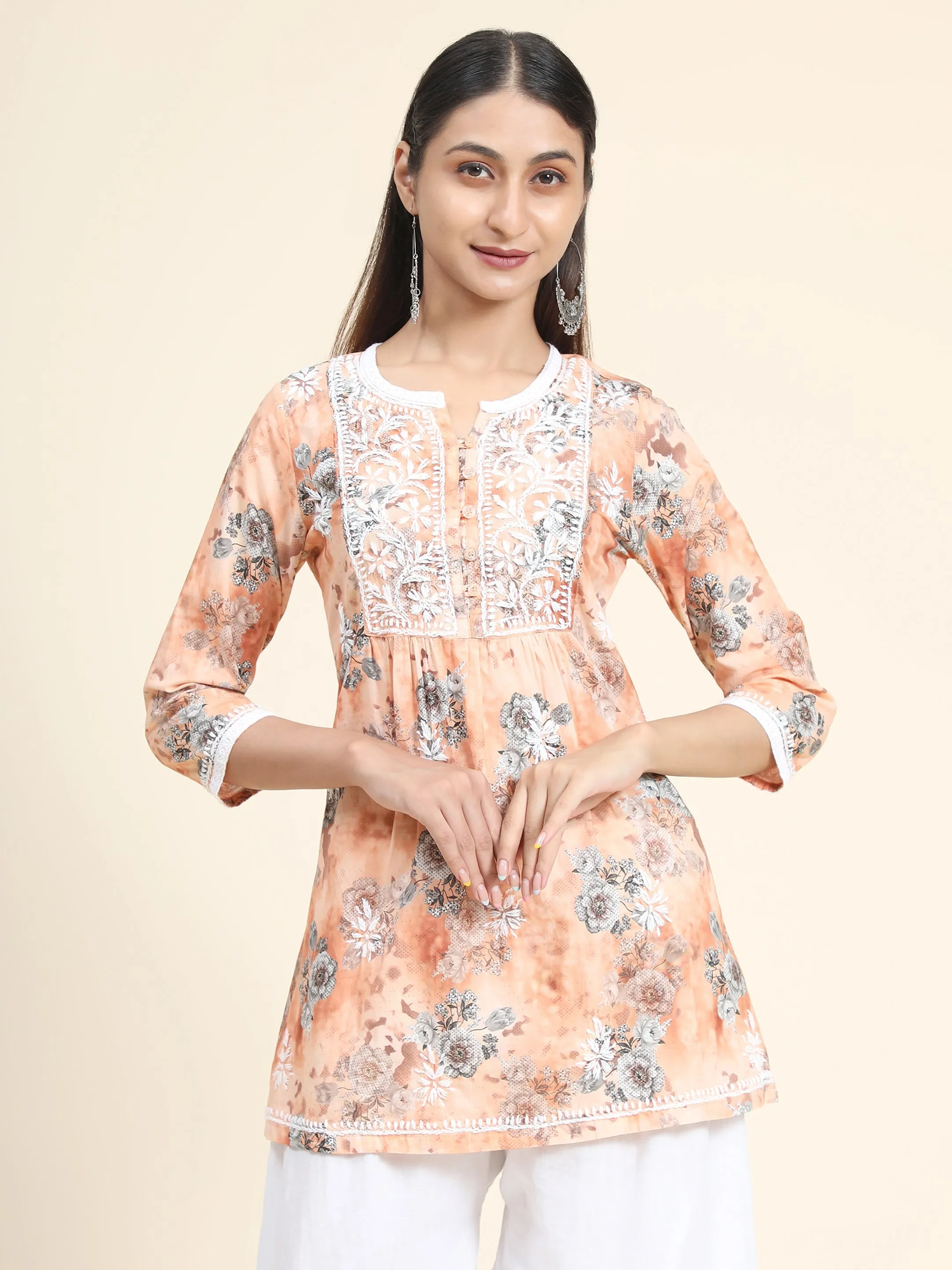 HOK Chikankari Tunic for Women Peach