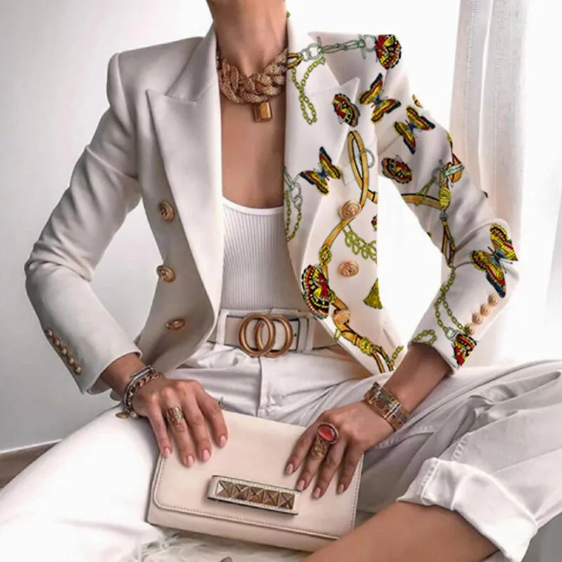 Joskaa Back To College Autumn Fashion Turn-Down Collar Women Outerwear Office Lady Elegant Butterfly Print Blazer Coat Spring Casual Long Sleeve Jacket