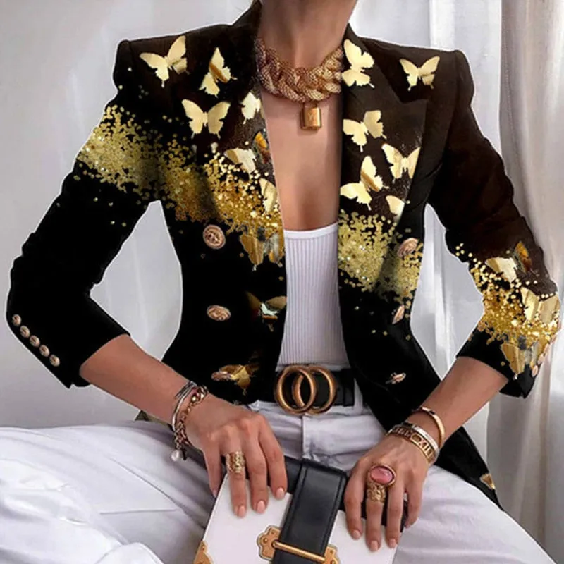 Joskaa Back To College Autumn Fashion Turn-Down Collar Women Outerwear Office Lady Elegant Butterfly Print Blazer Coat Spring Casual Long Sleeve Jacket