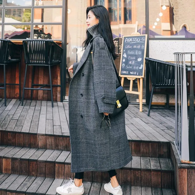 Joskaa Christmas Gift Wool Coat Women Plus Size Plaid Feminino Elegant Long Double Breasted Womens Winter Clothing Blends for Ladies Korean Fashion