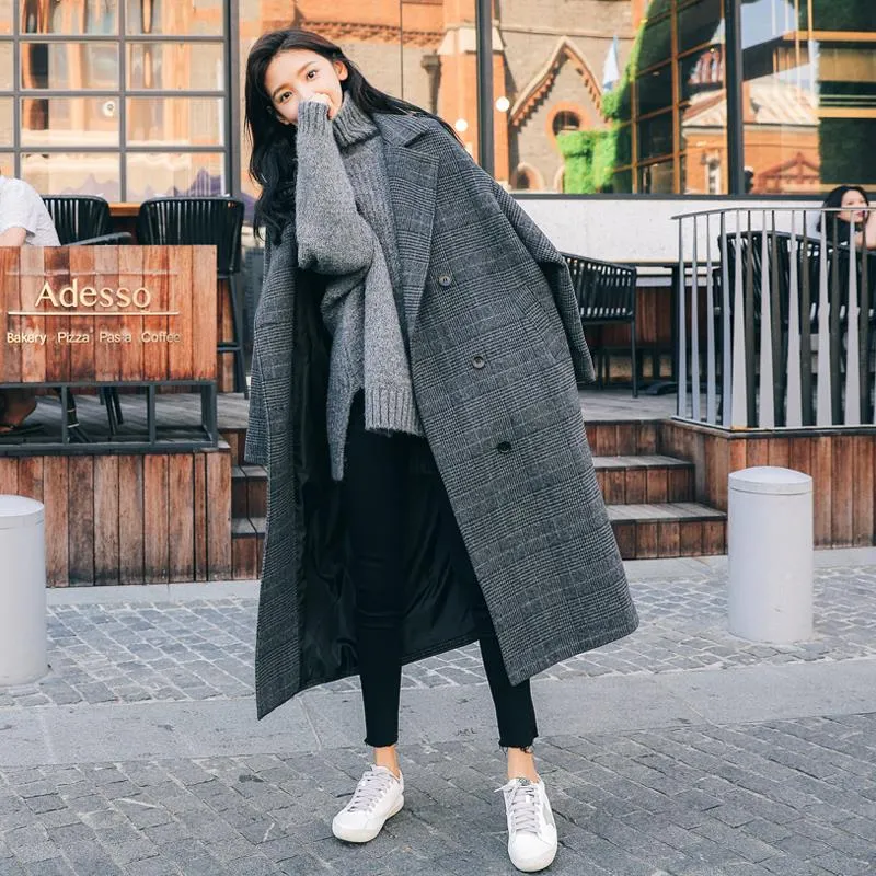 Joskaa Christmas Gift Wool Coat Women Plus Size Plaid Feminino Elegant Long Double Breasted Womens Winter Clothing Blends for Ladies Korean Fashion