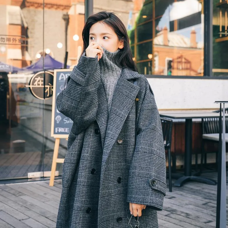 Joskaa Christmas Gift Wool Coat Women Plus Size Plaid Feminino Elegant Long Double Breasted Womens Winter Clothing Blends for Ladies Korean Fashion