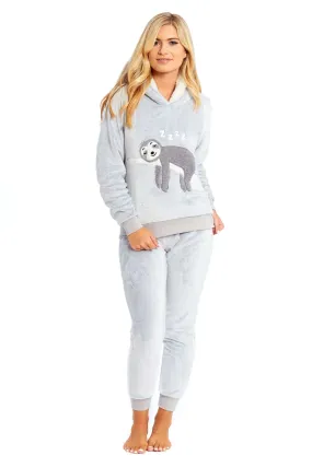 Mother Daughter Matching Sloth Hooded Fleece Pyjamas Plush Flannel Twosie Loungewear with Sherpa Lining Multiple Sizes Cozy Embroidered Sloth Design by Daisy Dreamer