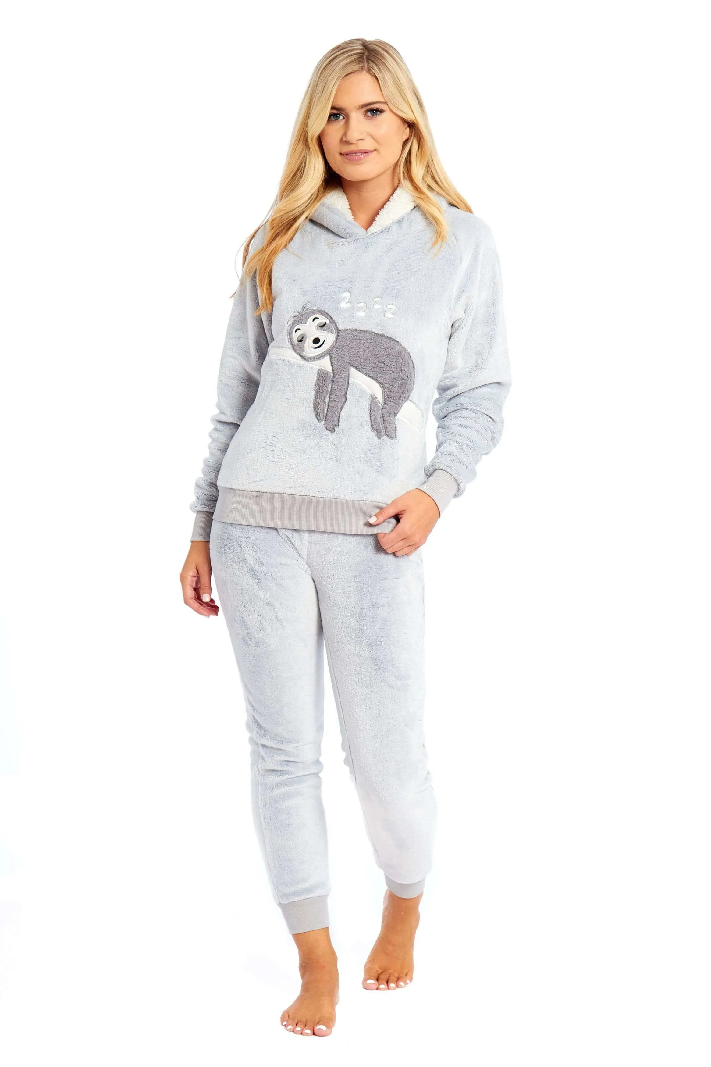 Mother Daughter Matching Sloth Hooded Fleece Pyjamas Plush Flannel Twosie Loungewear with Sherpa Lining Multiple Sizes Cozy Embroidered Sloth Design by Daisy Dreamer