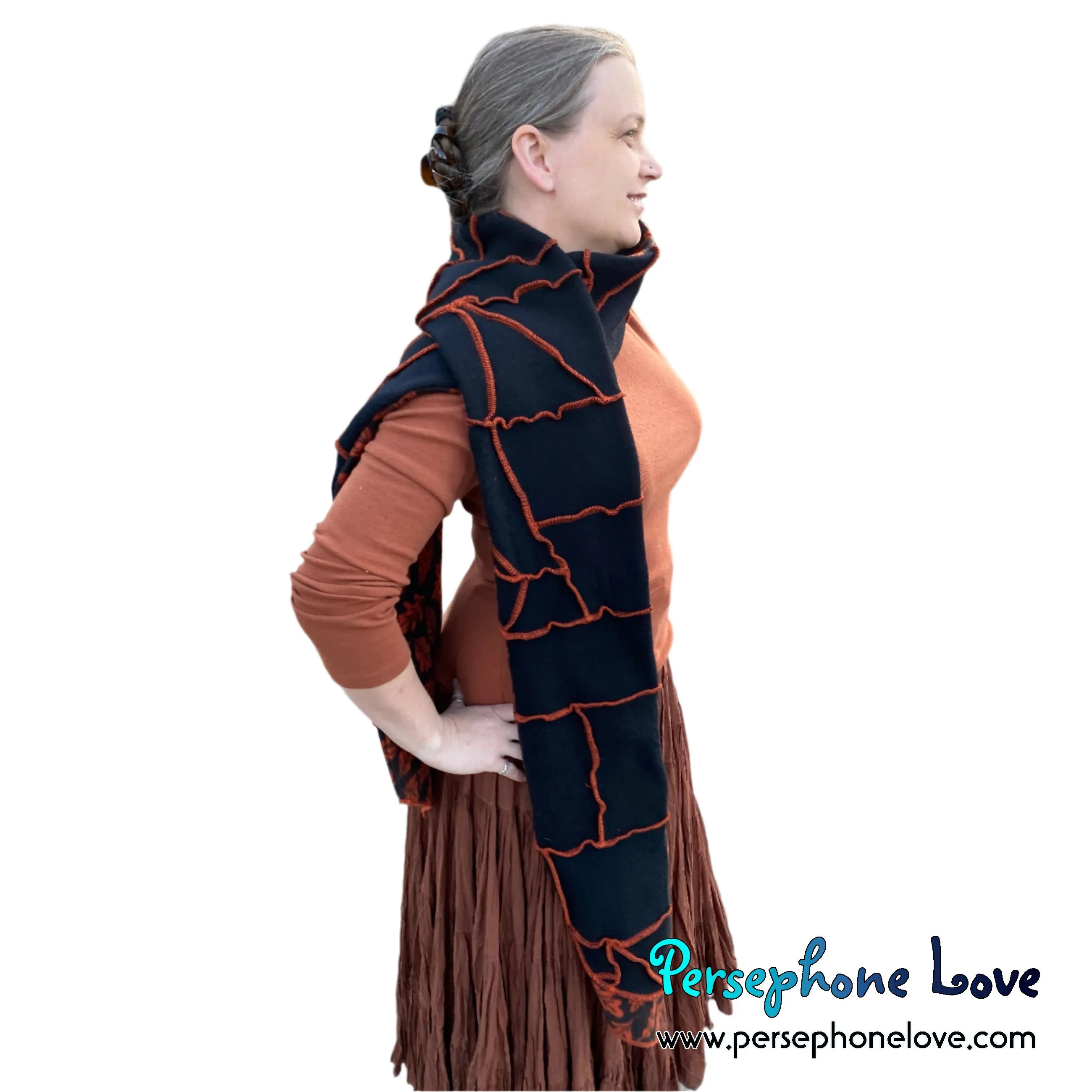 Patchwork black 100% cashmere upcycled needle-felted sweater scarf -1758