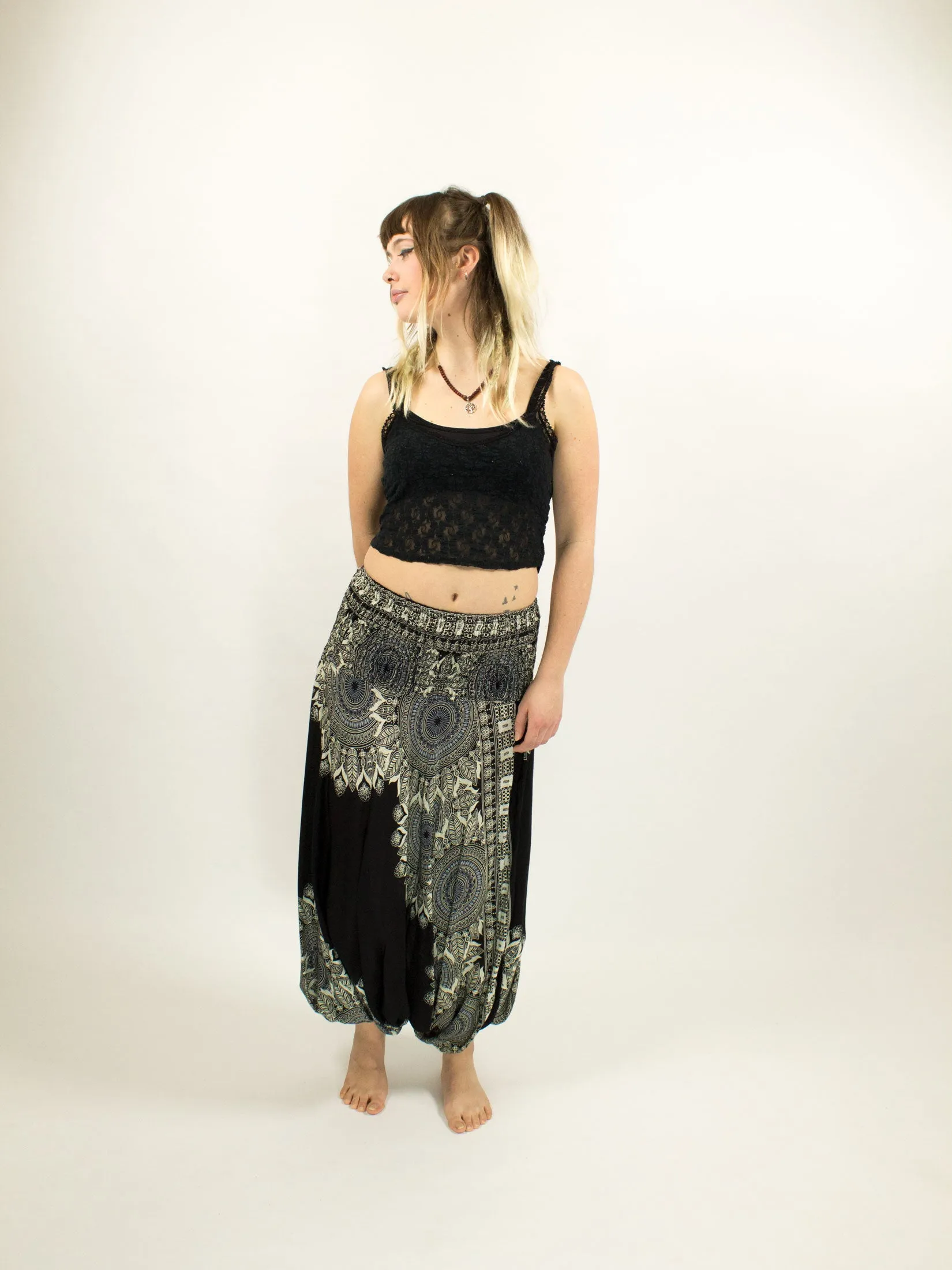 PATTERNED HAREM LOW CROTCH PANTS BLACK