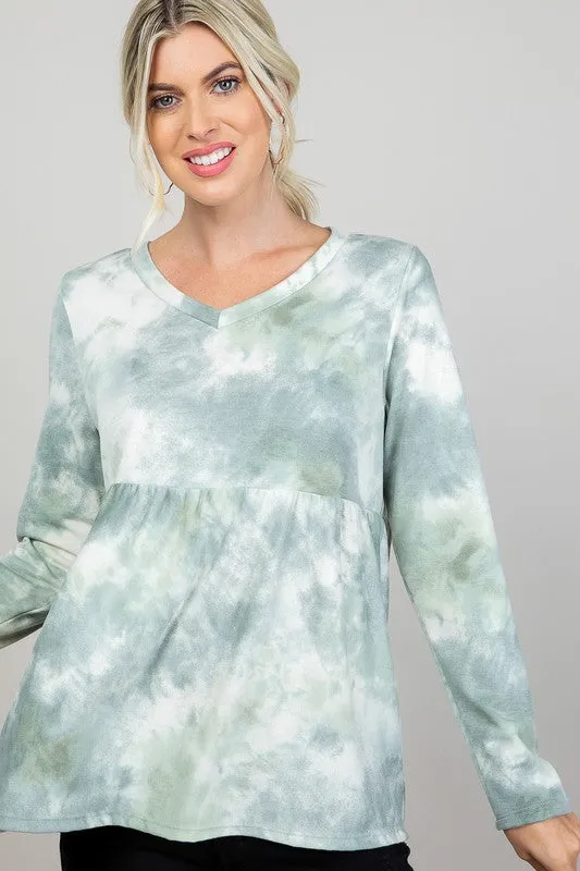 Plus Cloud Tie Dye V-Neck Babydoll Top