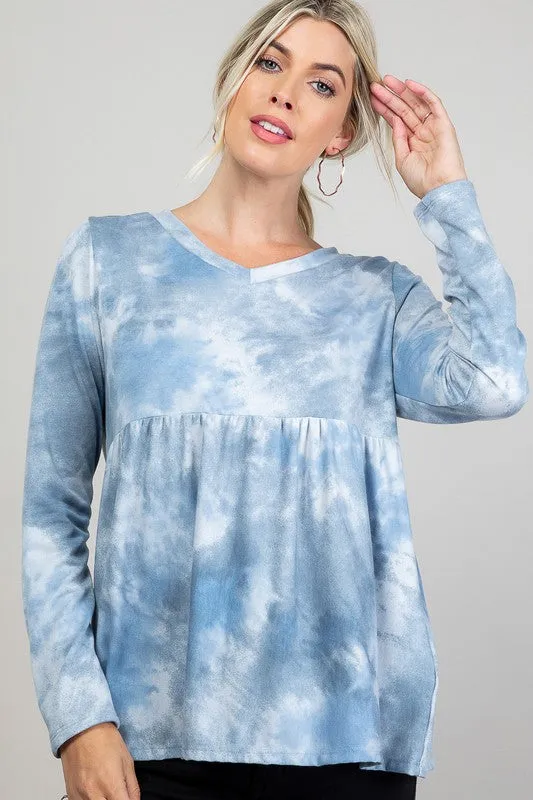 Plus Cloud Tie Dye V-Neck Babydoll Top