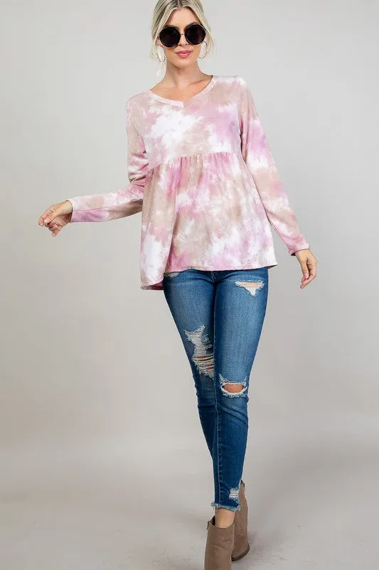 Plus Cloud Tie Dye V-Neck Babydoll Top