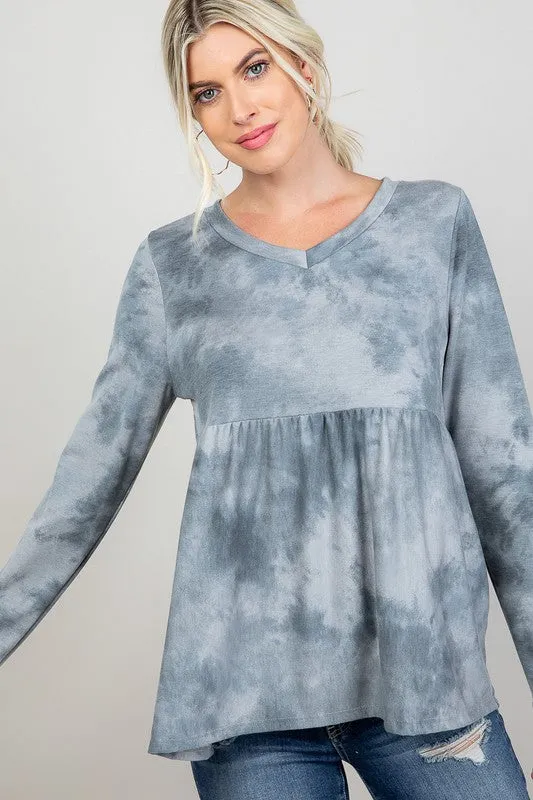 Plus Cloud Tie Dye V-Neck Babydoll Top