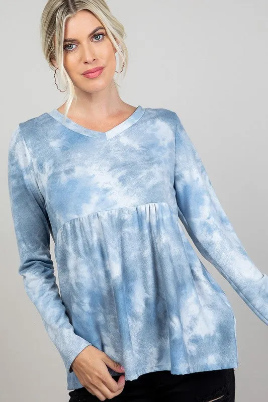 Plus Cloud Tie Dye V-Neck Babydoll Top