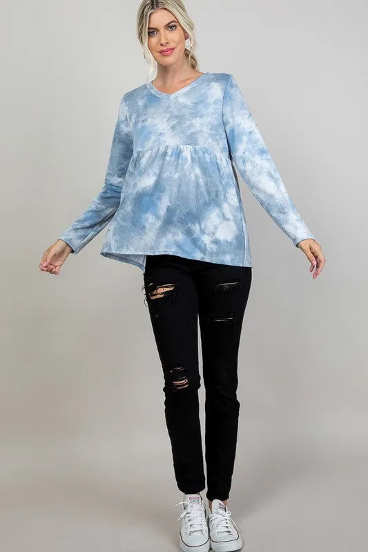 Plus Cloud Tie Dye V-Neck Babydoll Top