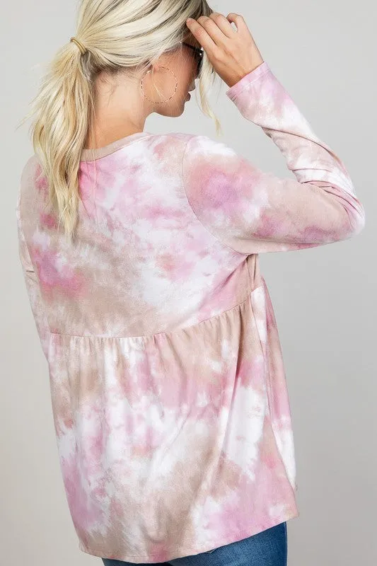 Plus Cloud Tie Dye V-Neck Babydoll Top