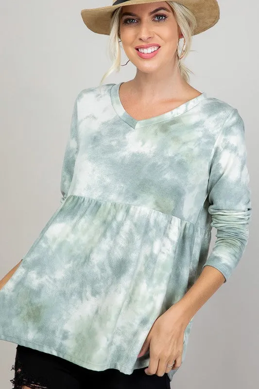 Plus Cloud Tie Dye V-Neck Babydoll Top