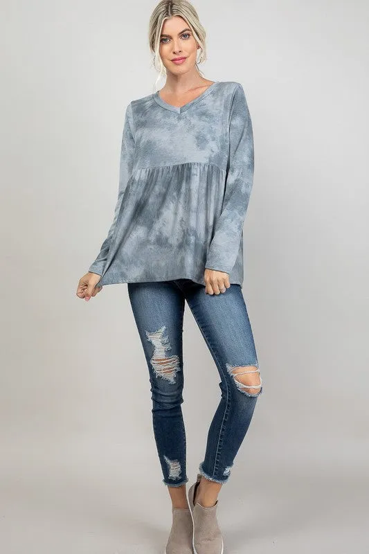 Plus Cloud Tie Dye V-Neck Babydoll Top