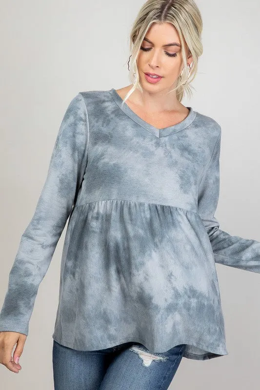 Plus Cloud Tie Dye V-Neck Babydoll Top