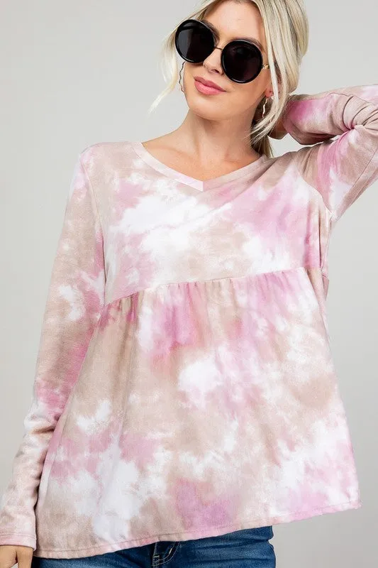 Plus Cloud Tie Dye V-Neck Babydoll Top