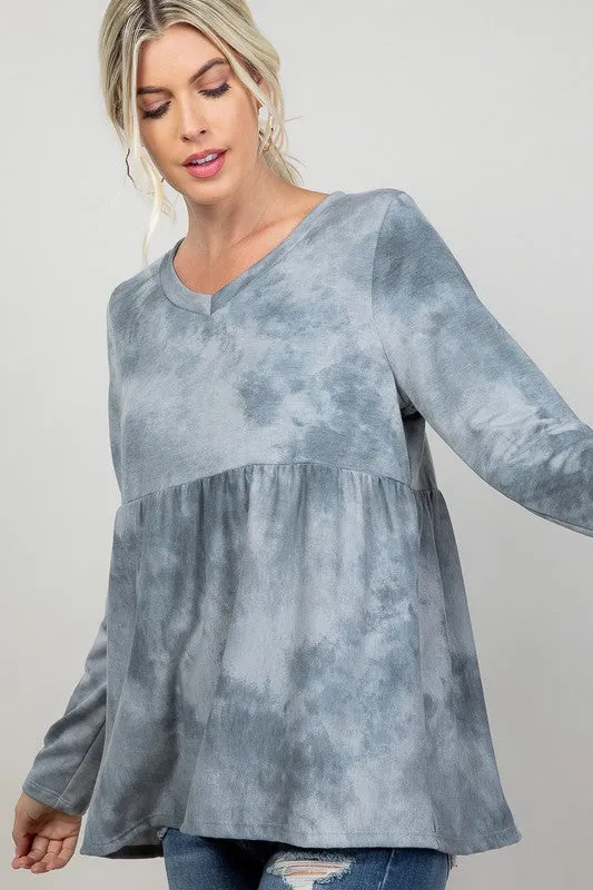 Plus Cloud Tie Dye V-Neck Babydoll Top