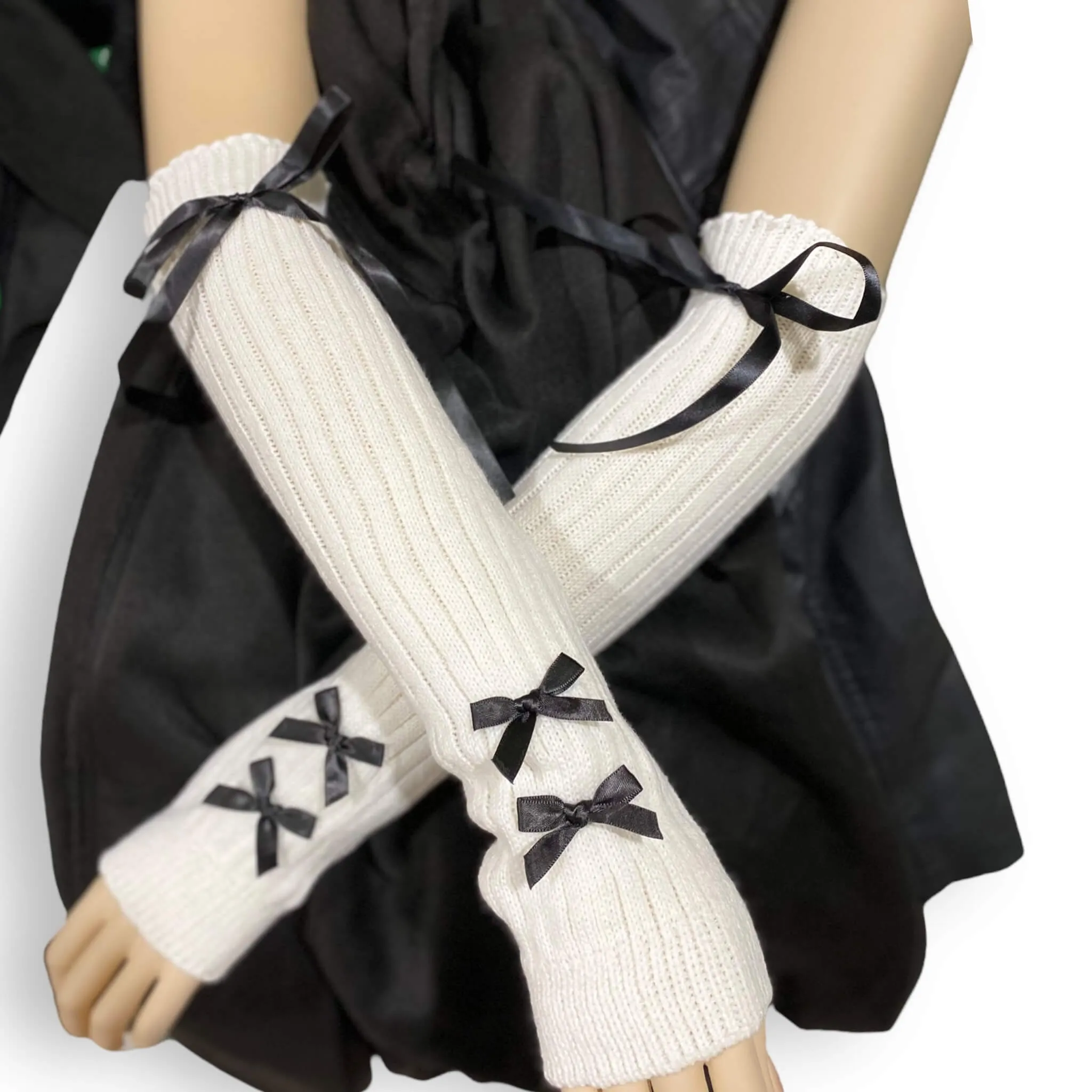 Ribbons Arm Sleeve Knit Gloves