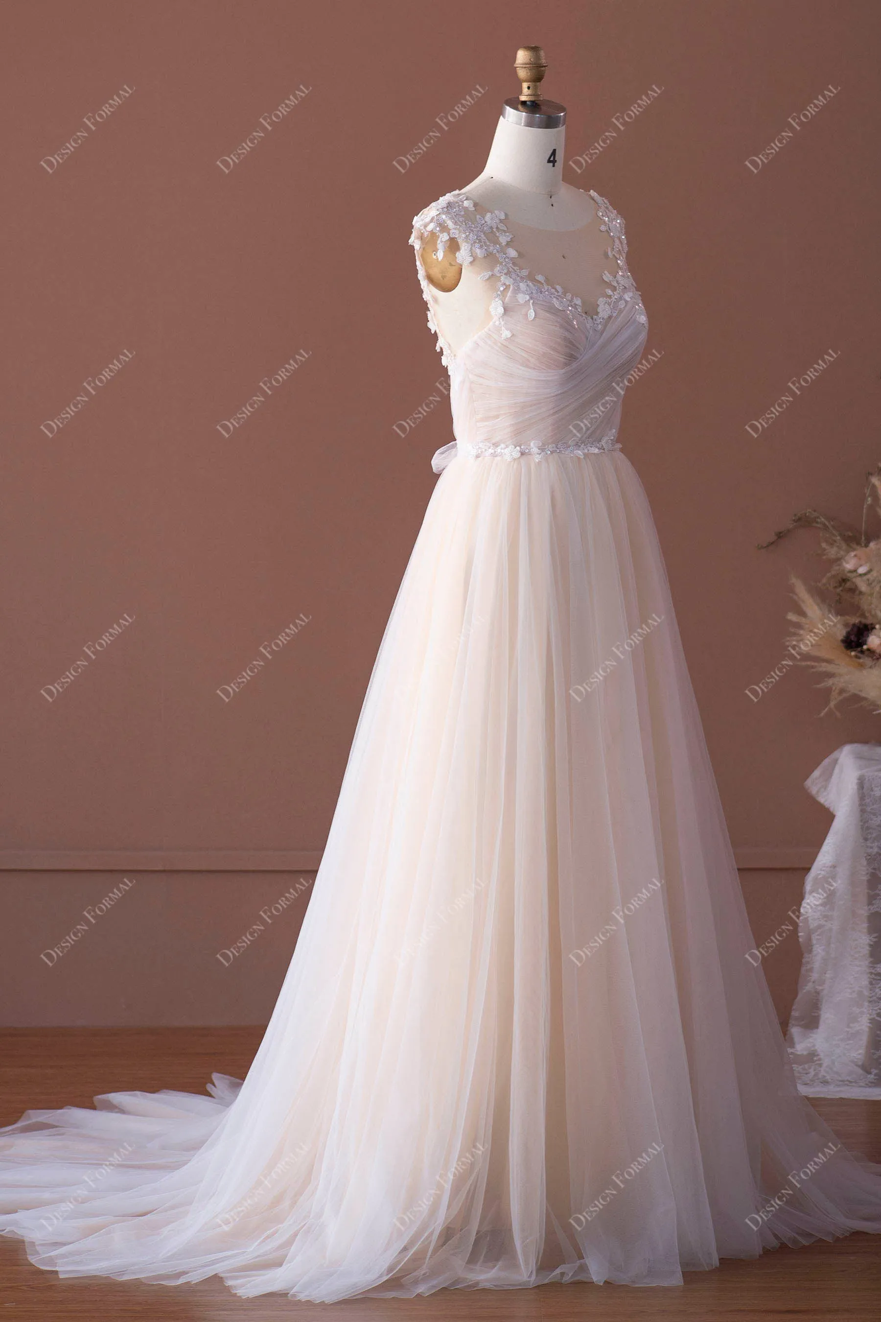 Romantic Lace Cap Sleeve Champagne Ruched Tulle Boho Bridal Gown