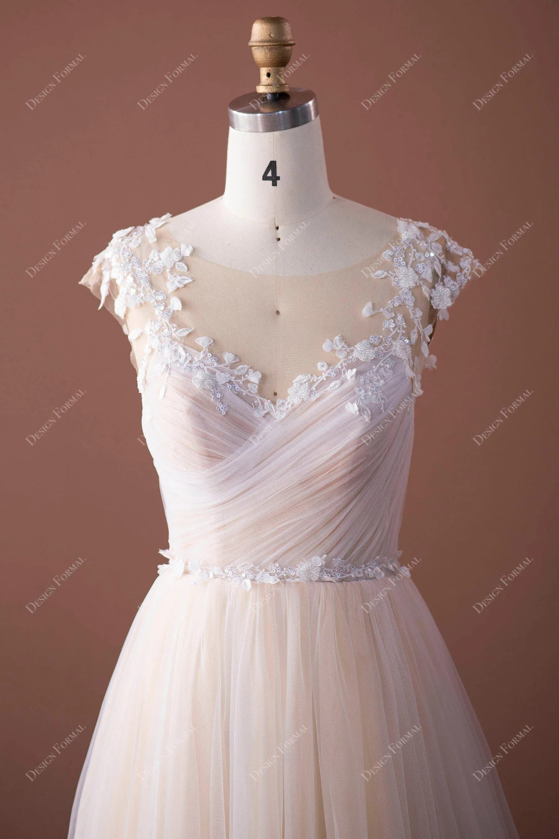 Romantic Lace Cap Sleeve Champagne Ruched Tulle Boho Bridal Gown