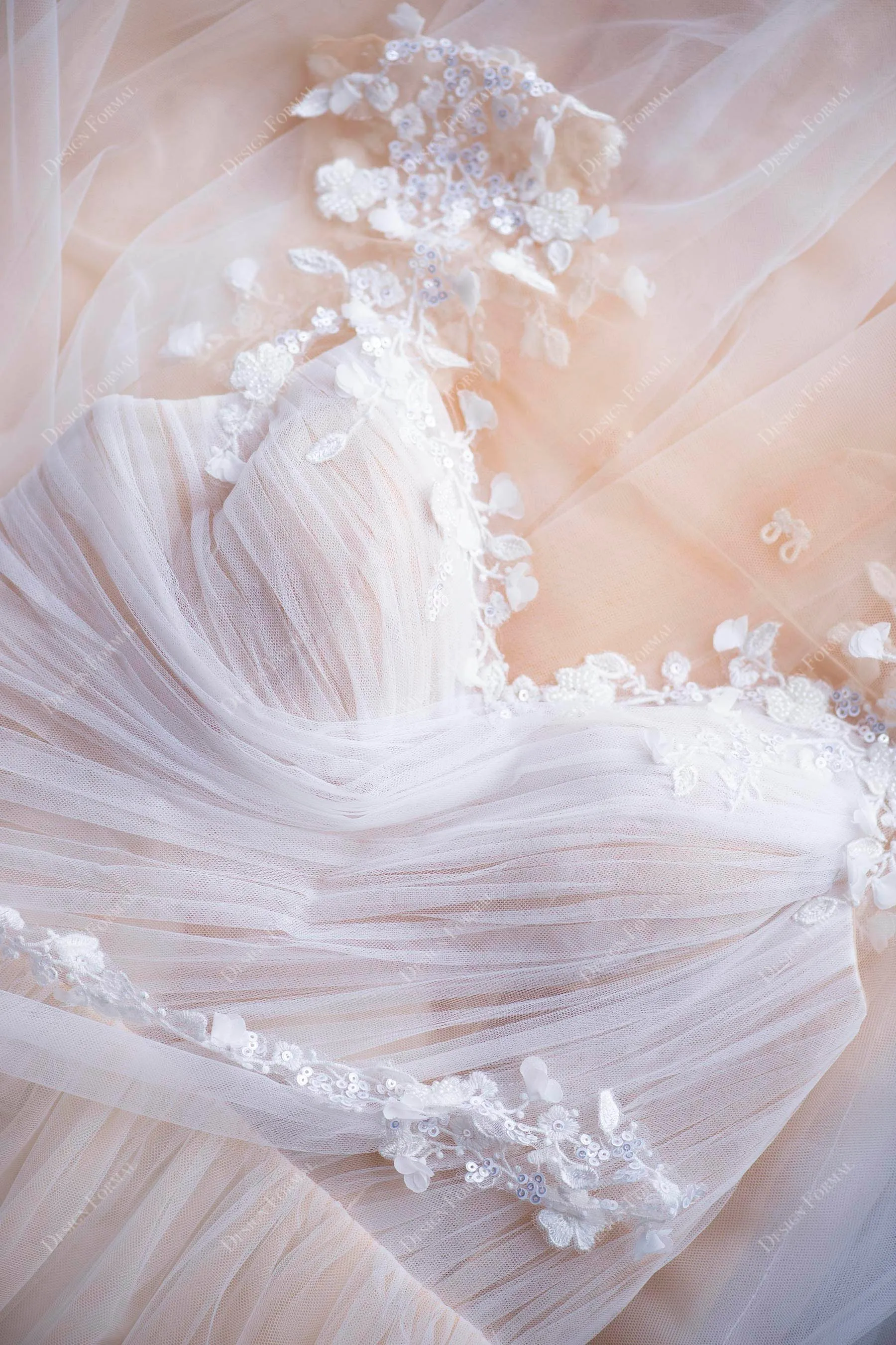 Romantic Lace Cap Sleeve Champagne Ruched Tulle Boho Bridal Gown