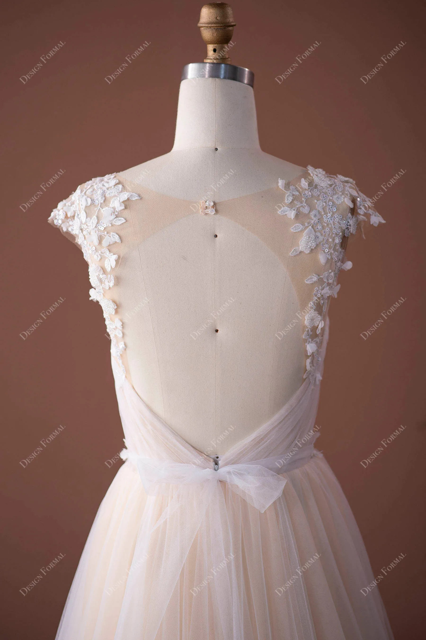 Romantic Lace Cap Sleeve Champagne Ruched Tulle Boho Bridal Gown
