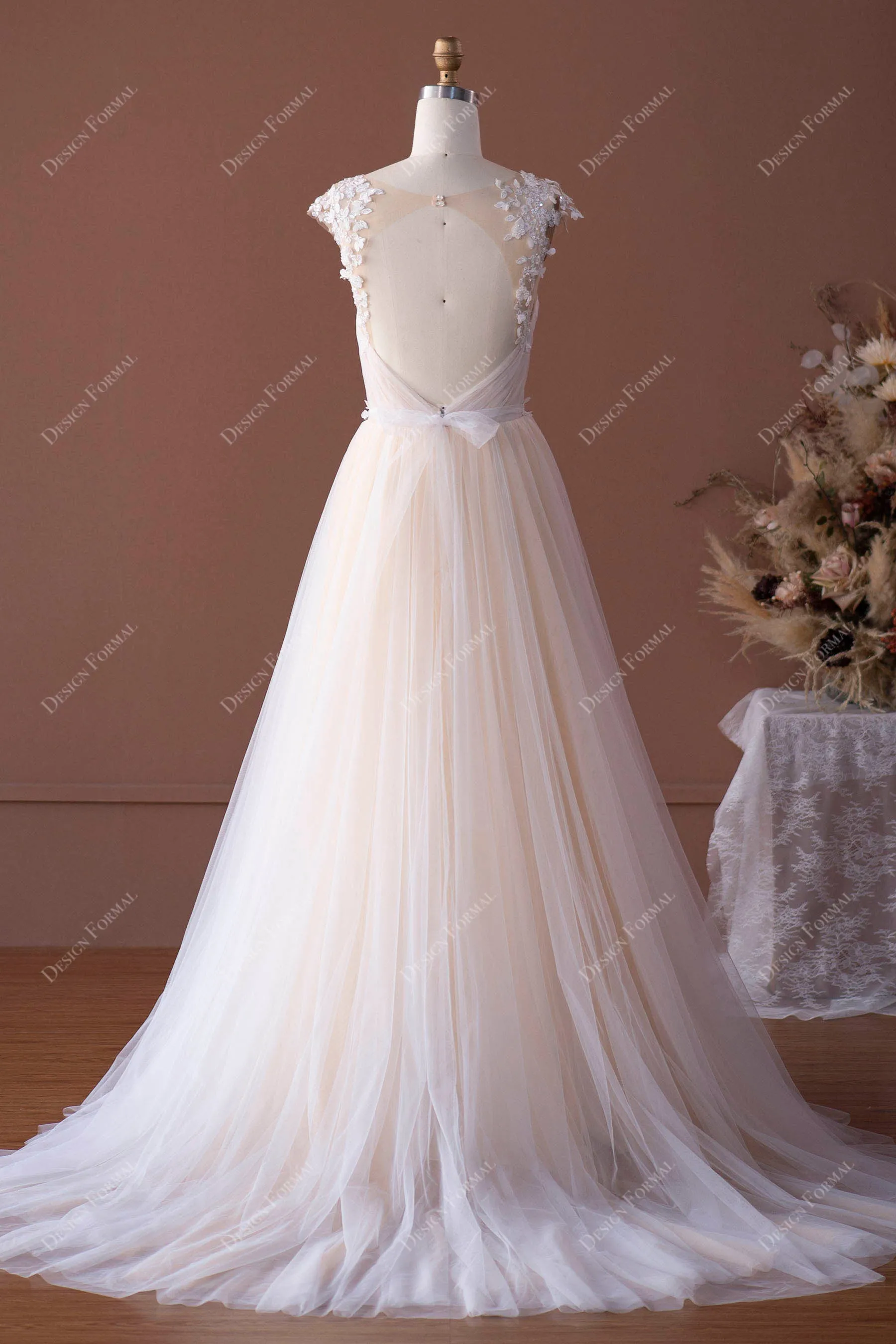 Romantic Lace Cap Sleeve Champagne Ruched Tulle Boho Bridal Gown