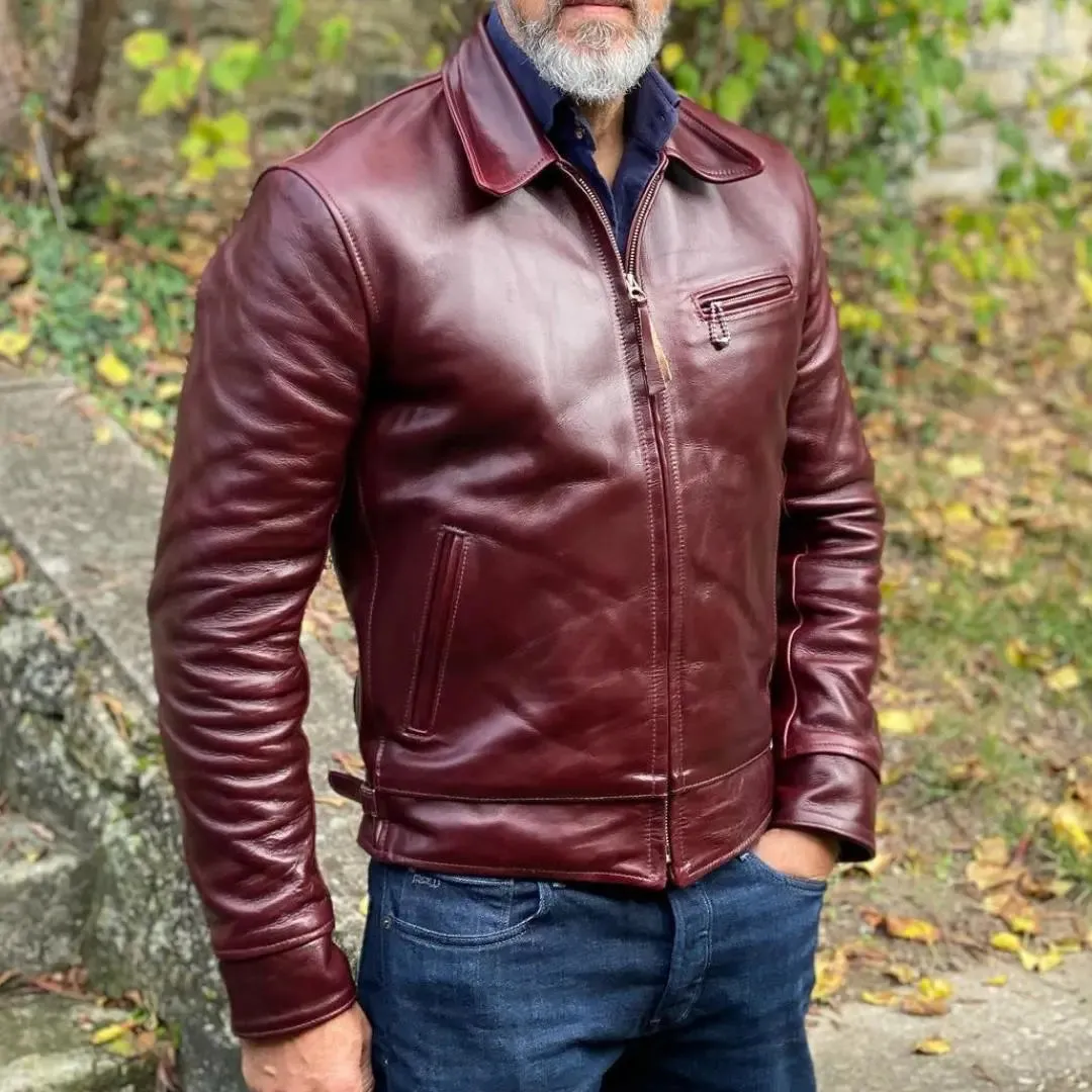 Shirt Collar Maroon Leather Jacket