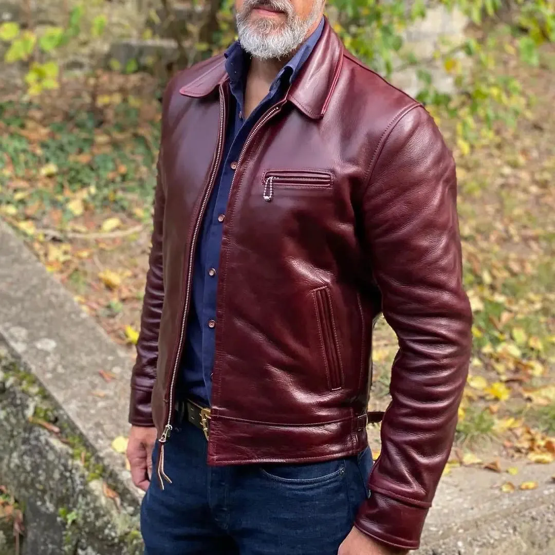 Shirt Collar Maroon Leather Jacket