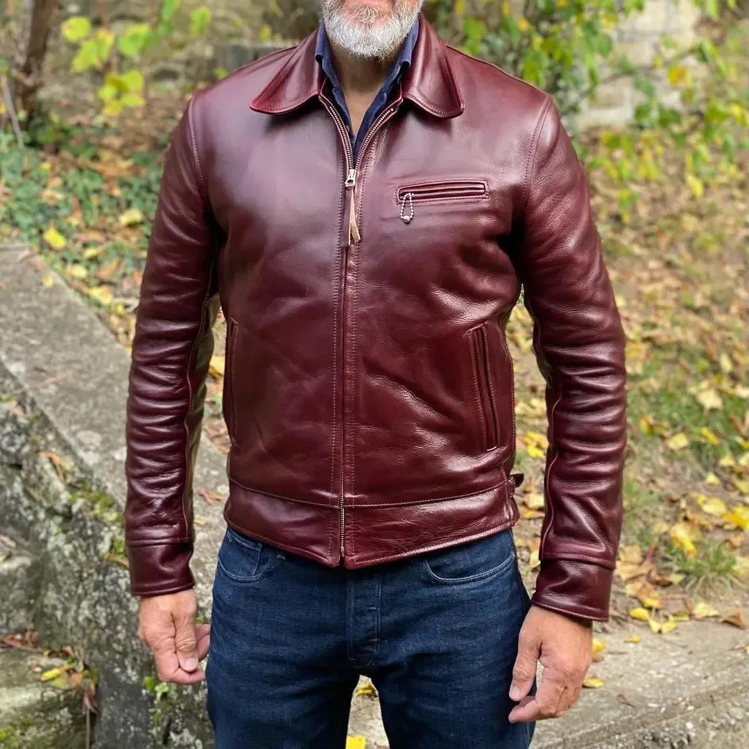 Shirt Collar Maroon Leather Jacket