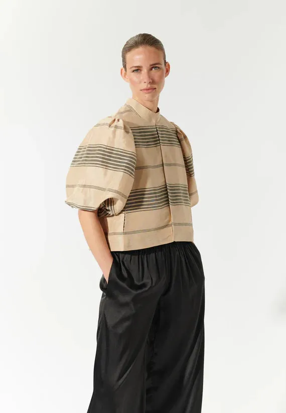 Silk and Linen Jacket with volume sleeves in Beige with Charcoal Stripes