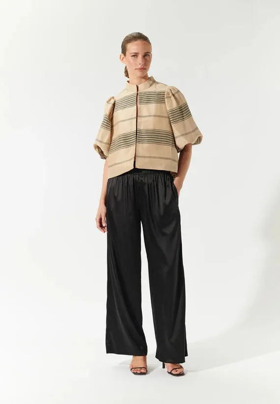 Silk and Linen Jacket with volume sleeves in Beige with Charcoal Stripes