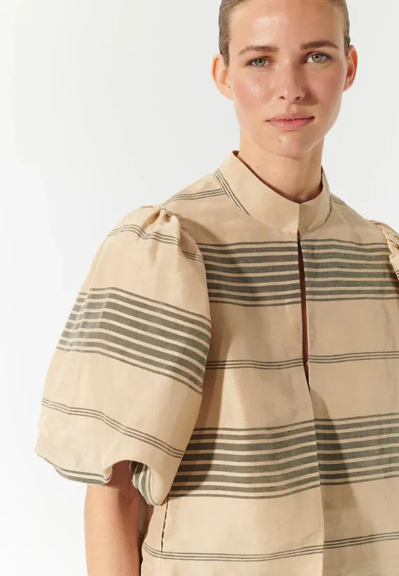 Silk and Linen Jacket with volume sleeves in Beige with Charcoal Stripes
