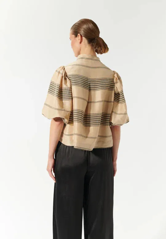 Silk and Linen Jacket with volume sleeves in Beige with Charcoal Stripes