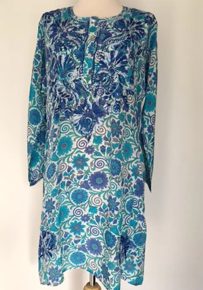 Silk Long Tunic in Cobalt Embroidery
