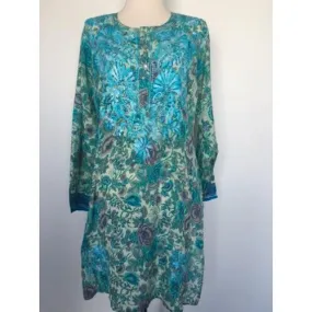 Silk Long Tunic in Turquoise Embroidery