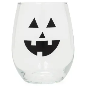 Smiling Jack O Lantern Face Black 14 ounce Glass Stemless Wine Tumbler Glass