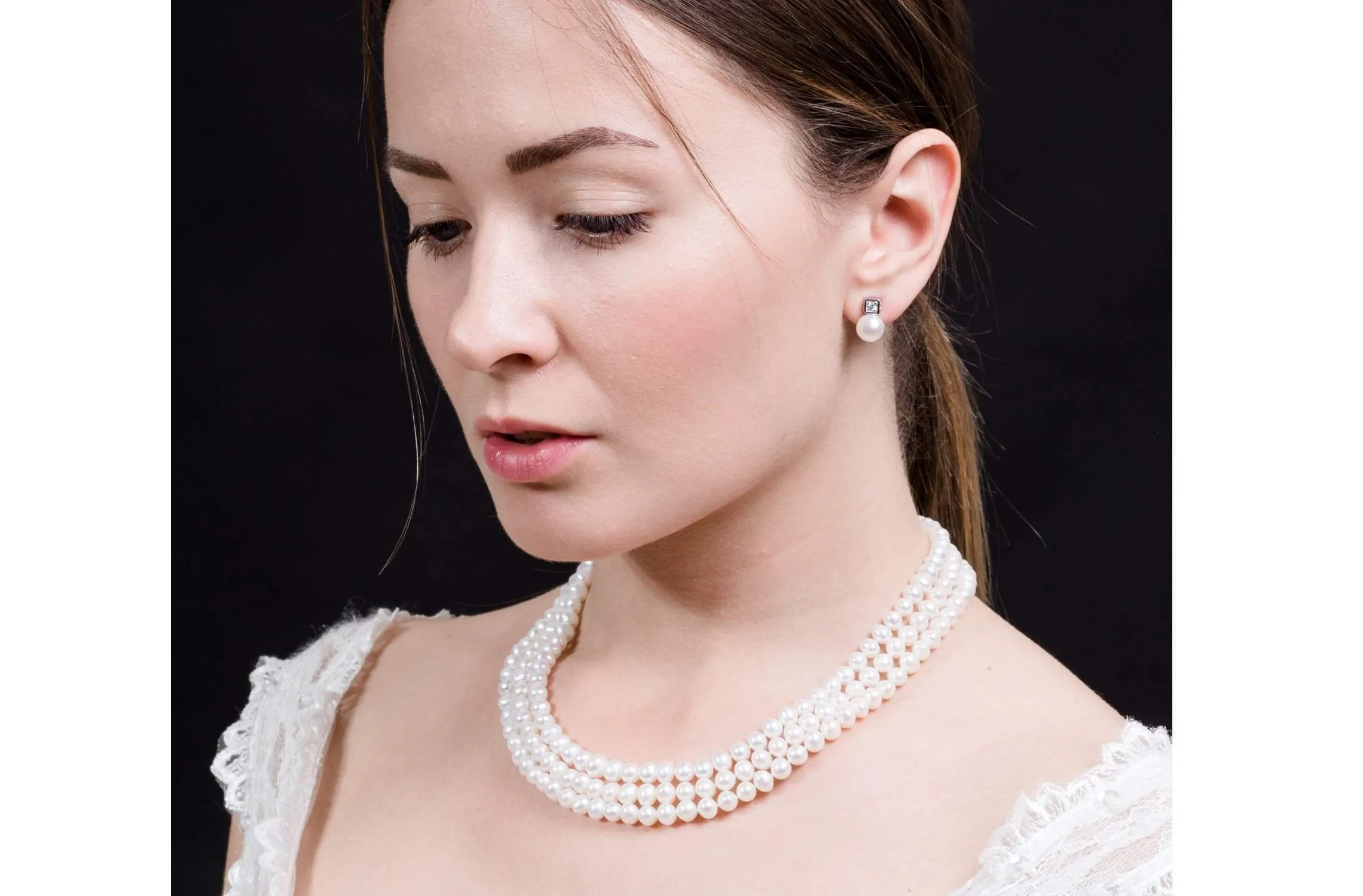 White Triple Strand Layer Freshwater Pearl Necklace 6-7mm