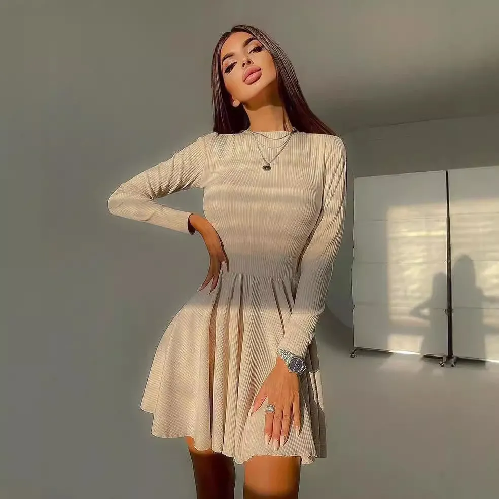 Women Long Sleeved Round Neck Knitted Pleated Dress