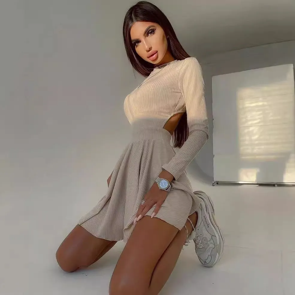 Women Long Sleeved Round Neck Knitted Pleated Dress
