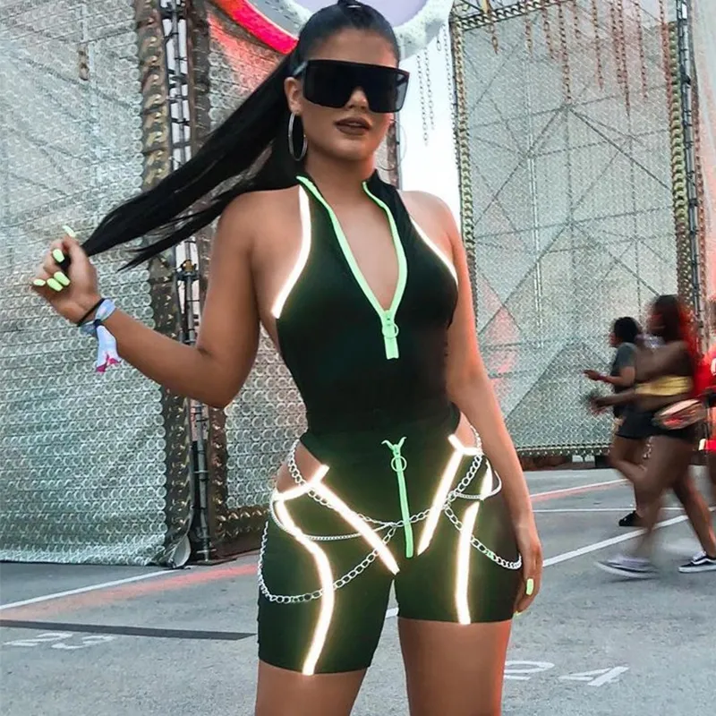 Women's Casual Reflective Striped Two-Piece Fitness Set | Top And Shorts