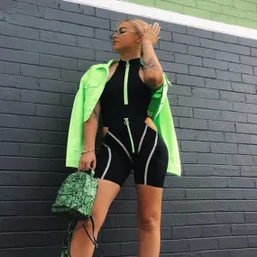 Women's Casual Reflective Striped Two-Piece Fitness Set | Top And Shorts